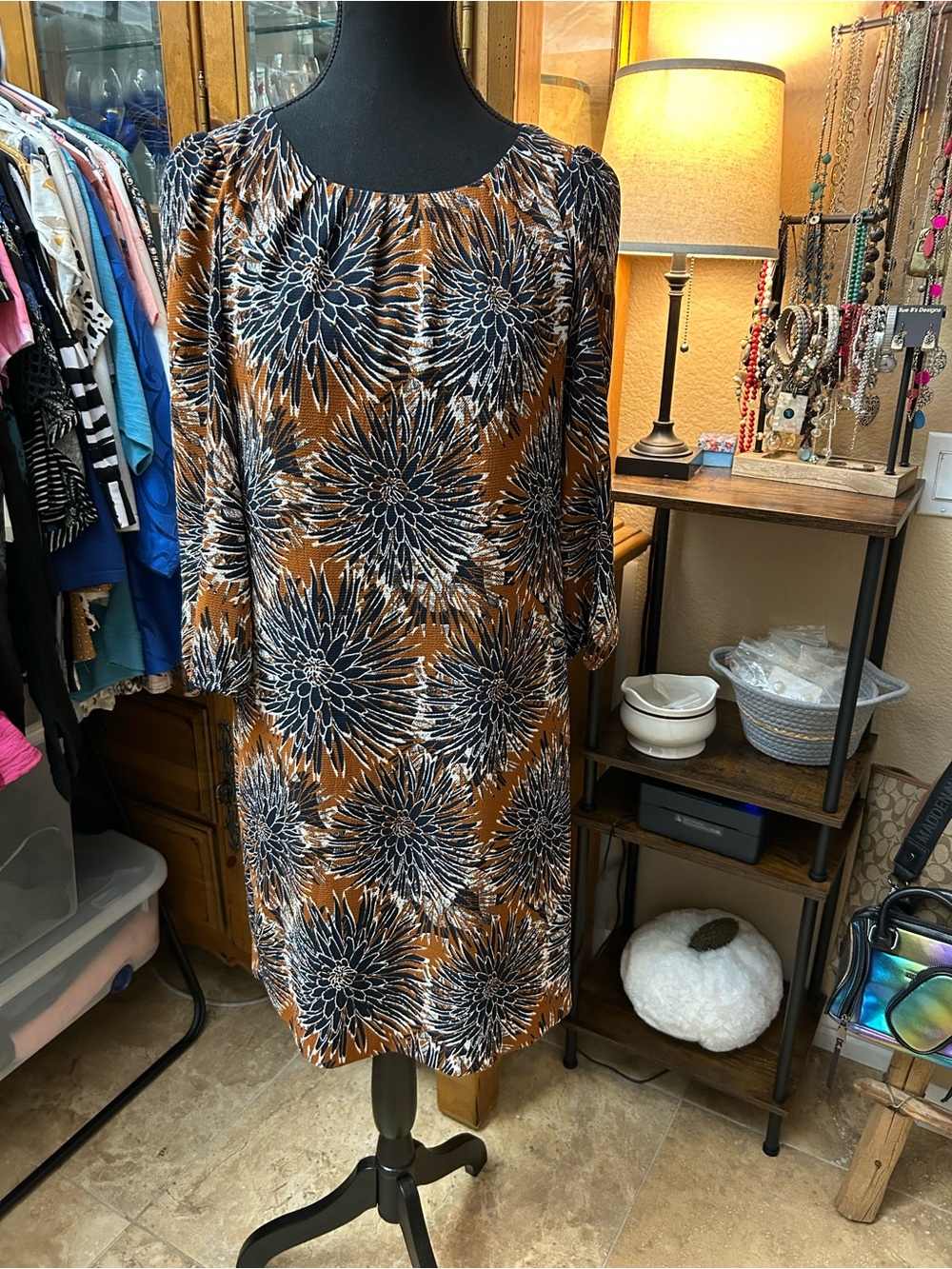 H&M Floral Print Open Back Midi Dress Navy Cognac White Size 6